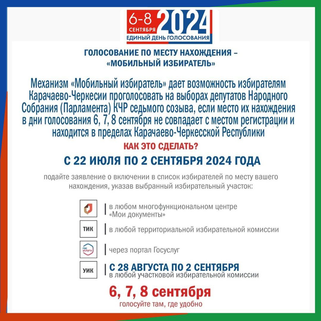 С 22 ИЮЛЯ МОЖНО ПОДАТЬ ЗАЯВЛЕНИЕ ДЛЯ ГОЛОСОВАНИЯ ПО МЕСТУ НАХОЖДЕНИЯ НА ВЫБОРАХ ДЕПУТАТОВ ПАРЛАМЕНТА КЧР.